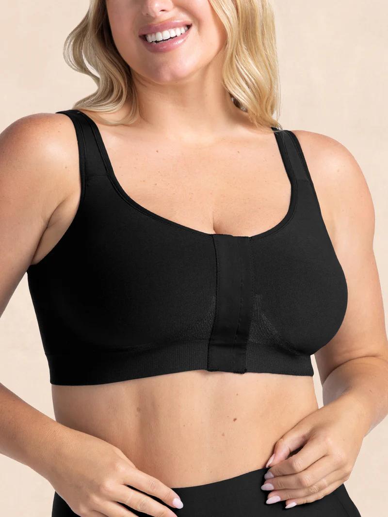 Front view of black front closure wireless bra with wide straps and smoothing fit